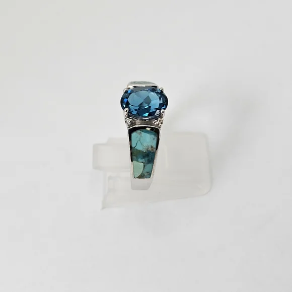 Genuine London Blue Topaz & Turquoise Ring Sterling Silver Size 7 NEW - Picture 3 of 7